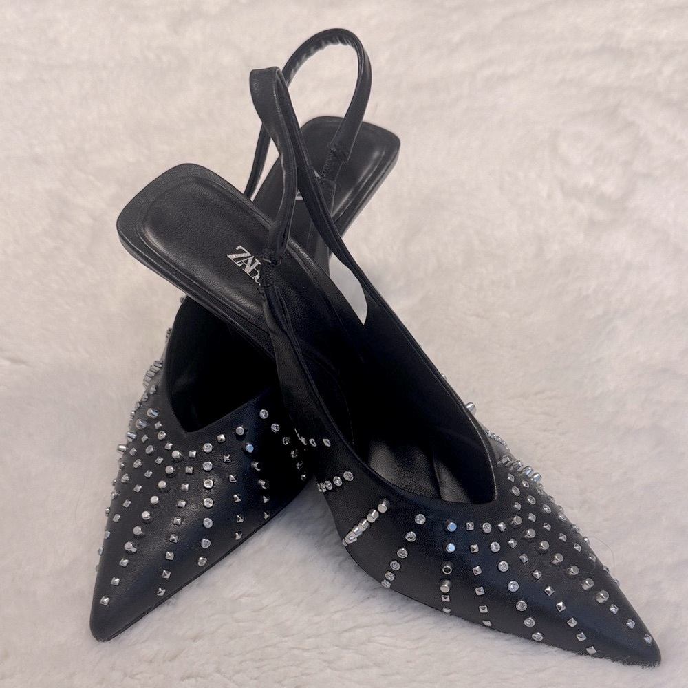 Zara Black Slingback Heels with Silver Studs